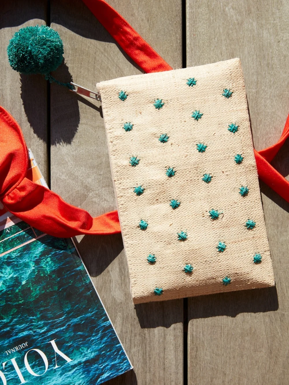 MAR Y SOL Crocheted Raffia Sofia Zippered Pouch Cosmetic Case Clutch
